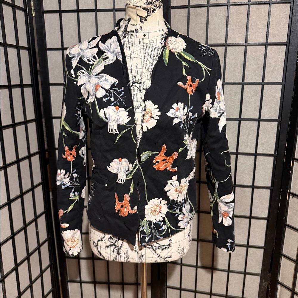 Sears Simply Styled Cotton Vintage Black Jacket Blazer Floral tailored preppy M